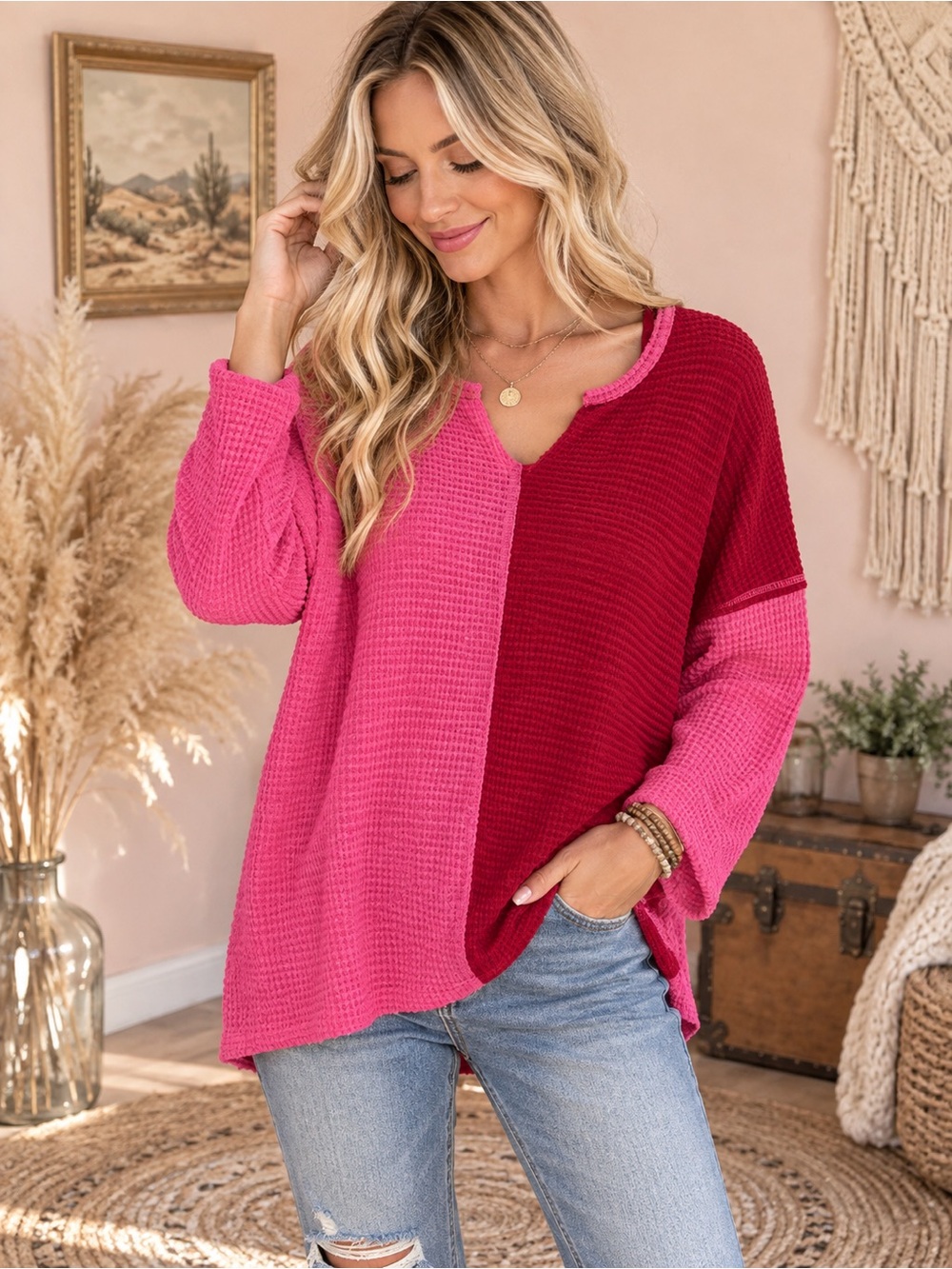 JODIFL Pink & Red Two-Tone Waffle Knit V-Neck Top